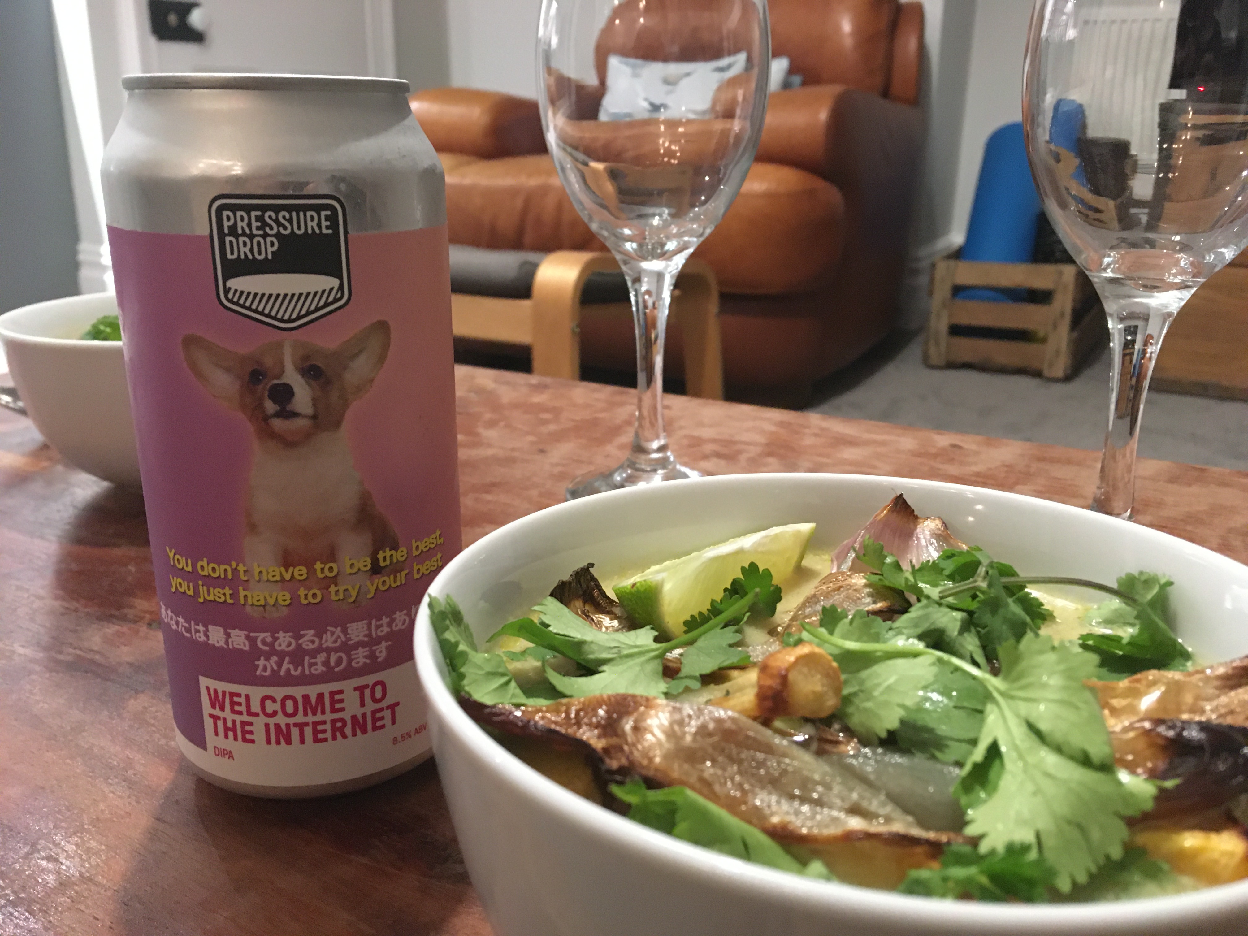 Laksa noodle soup with beer