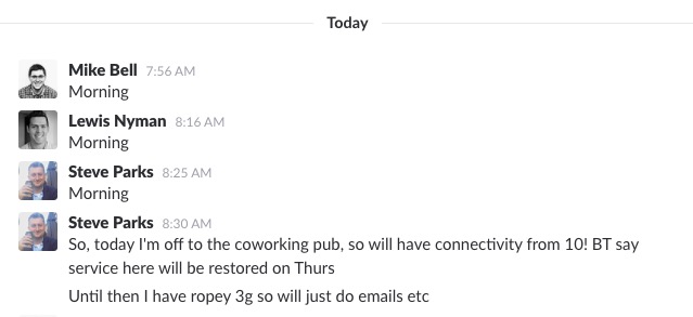 The team greeting each other on Slack in the morning