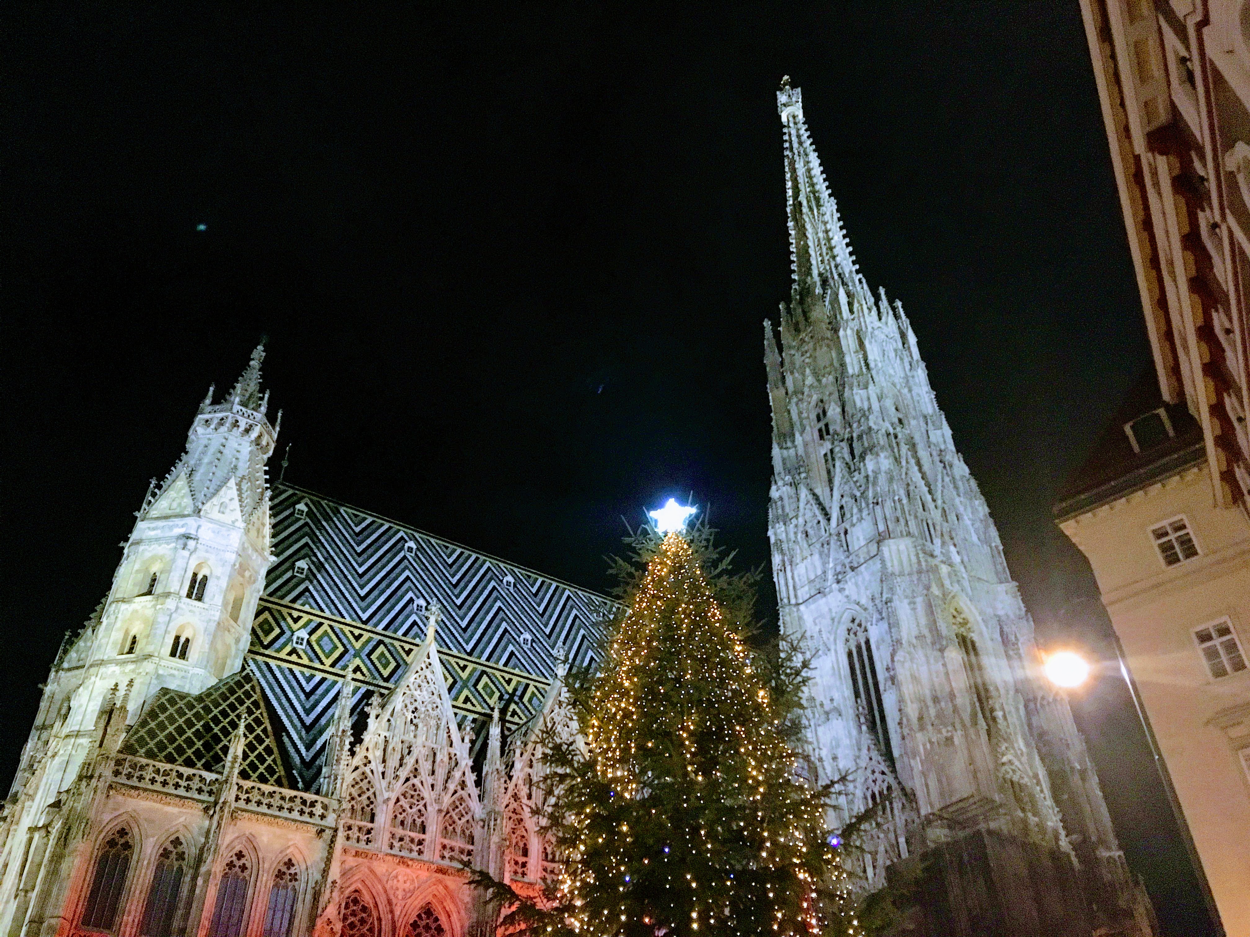A christmas market at night with the cathedral in the background